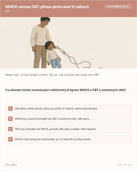 Co ukázala studie srovnávající rodičovský program SPACE a CBT u úzkostných dětí? A) Obě léčby snížily úzkost, přínos se udržel 12 měsíců; rodiče hodnotili lépe. B) SPACE byl výrazně účinnější než CBT a rozdíl potvrdily i děti samy. C) CBT byla účinnější než SPACE, protože děti samy uváděly větší zlepšení. D) SPACE snížil úzkost jen krátkodobě, po 12 měsících se přínos ztratil.