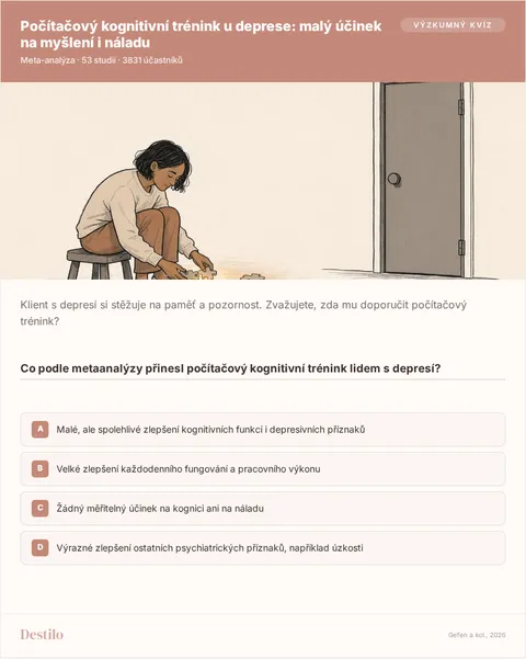 Co podle metaanalýzy přinesl počítačový kognitivní trénink lidem s depresí? A) Malé, ale spolehlivé zlepšení kognitivních funkcí i depresivních příznaků B) Velké zlepšení každodenního fungování a pracovního výkonu C) Žádný měřitelný účinek na kognici ani na náladu D) Výrazné zlepšení ostatních psychiatrických příznaků, například úzkosti