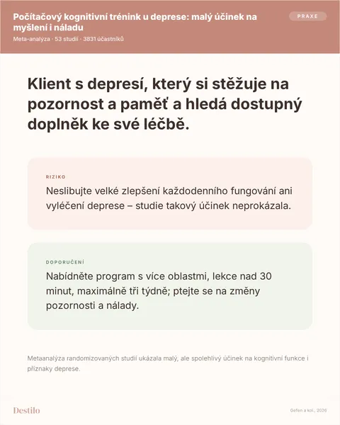 Dělat: Nabídněte program s více oblastmi, lekce nad 30 minut, maximálně tři týdně; ptejte se na změny pozornosti a nálady. Nedělat: Neslibujte velké zlepšení každodenního fungování ani vyléčení deprese – studie takový účinek neprokázala. Proč: Metaanalýza randomizovaných studií ukázala malý, ale spolehlivý účinek na kognitivní funkce i příznaky deprese.