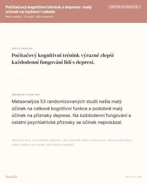 Mýtus: Počítačový kognitivní trénink výrazně zlepší každodenní fungování lidí s depresí. Pravda: Metaanalýza 53 randomizovaných studií našla malý účinek na celkové kognitivní funkce a podobně malý účinek na příznaky deprese. Na každodenní fungování a ostatní psychiatrické příznaky se účinek neprokázal.