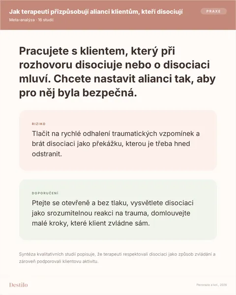 Dělat: Ptejte se otevřeně a bez tlaku, vysvětlete disociaci jako srozumitelnou reakci na trauma, domlouvejte malé kroky, které klient zvládne sám. Nedělat: Tlačit na rychlé odhalení traumatických vzpomínek a brát disociaci jako překážku, kterou je třeba hned odstranit. Proč: Syntéza kvalitativních studií popisuje, že terapeuti respektovali disociaci jako způsob zvládání a zároveň podporovali klientovu aktivitu.