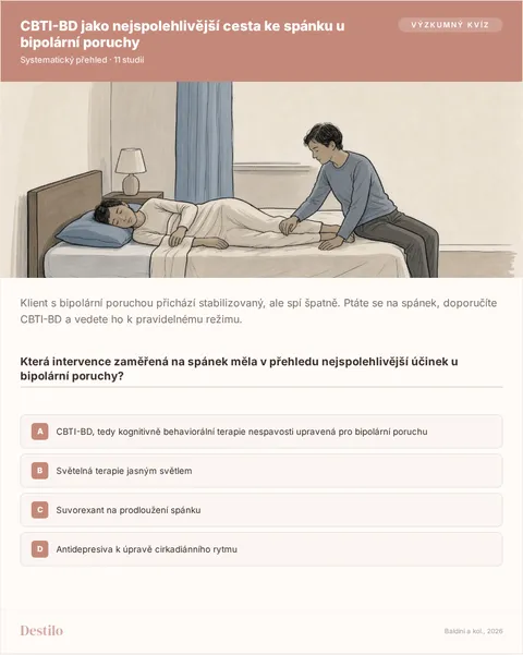 Která intervence zaměřená na spánek měla v přehledu nejspolehlivější účinek u bipolární poruchy? A) CBTI-BD, tedy kognitivně behaviorální terapie nespavosti upravená pro bipolární poruchu B) Světelná terapie jasným světlem C) Suvorexant na prodloužení spánku D) Antidepresiva k úpravě cirkadiánního rytmu